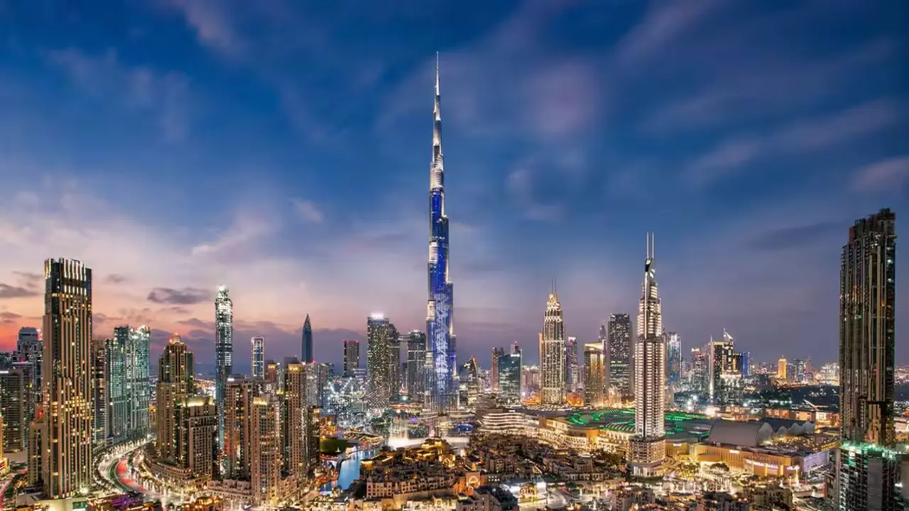 Downtown Dubai skyline with the Burj Khalifa at dusk