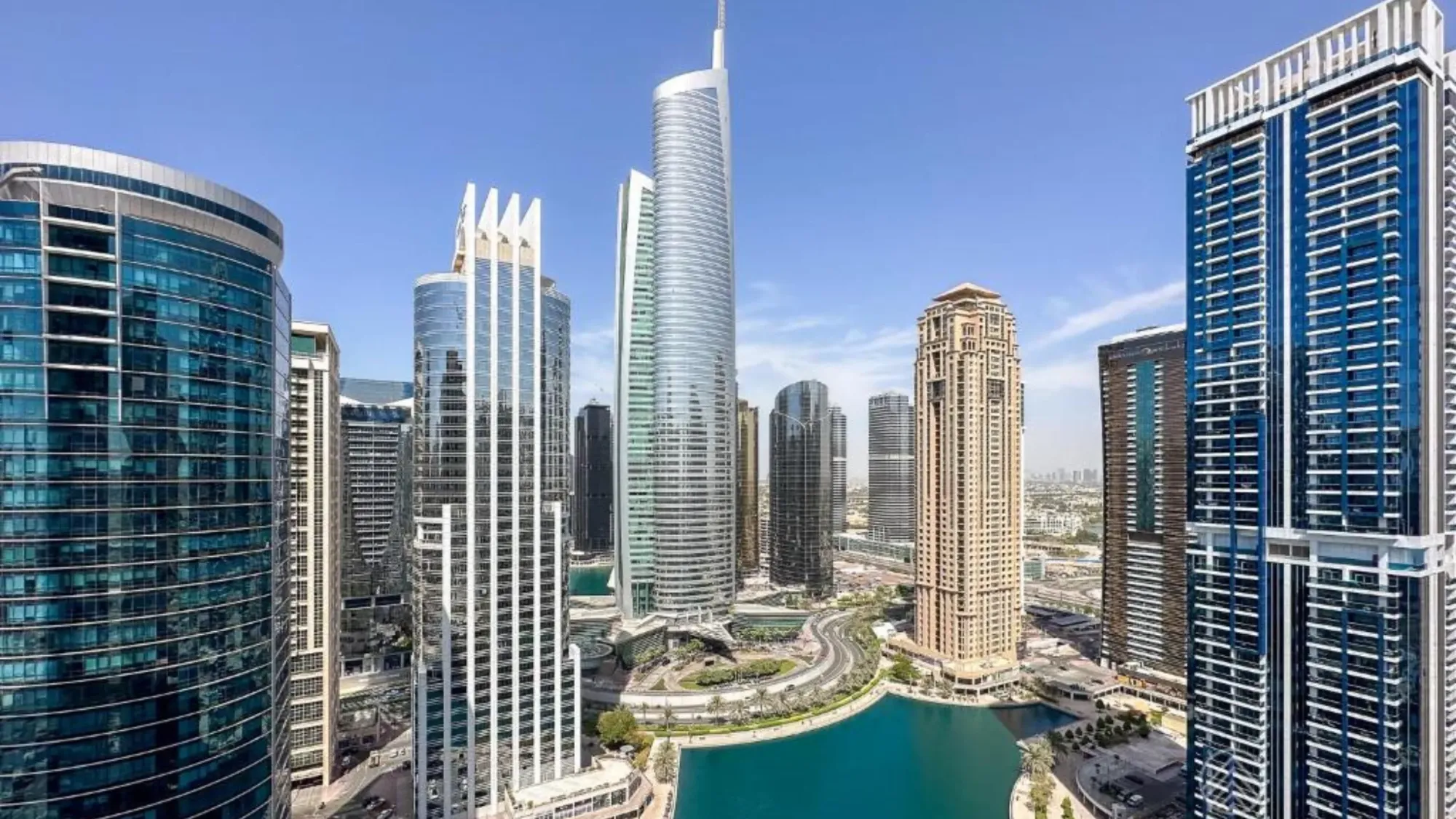 Aerial view of Jumeirah Lake Towers with the lake and surrounding high-rise towers